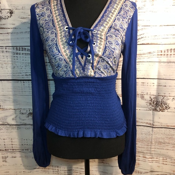 Blue Long Sleeve Blouse with Tie Front Ruffles and Smocked Waist - Picture 1 of 11